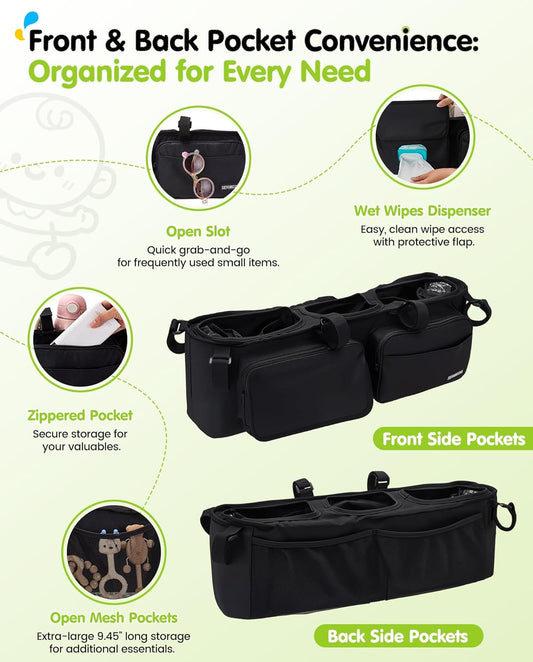 Double Stroller Organizer with 11 Compartment for Bob Duallie, Baby Jogger City Mini GT2, Double Jogging Stroller Caddy, Parent Console with 2 Insulated Pocket, Front & Back Pockets, Travel Essentials