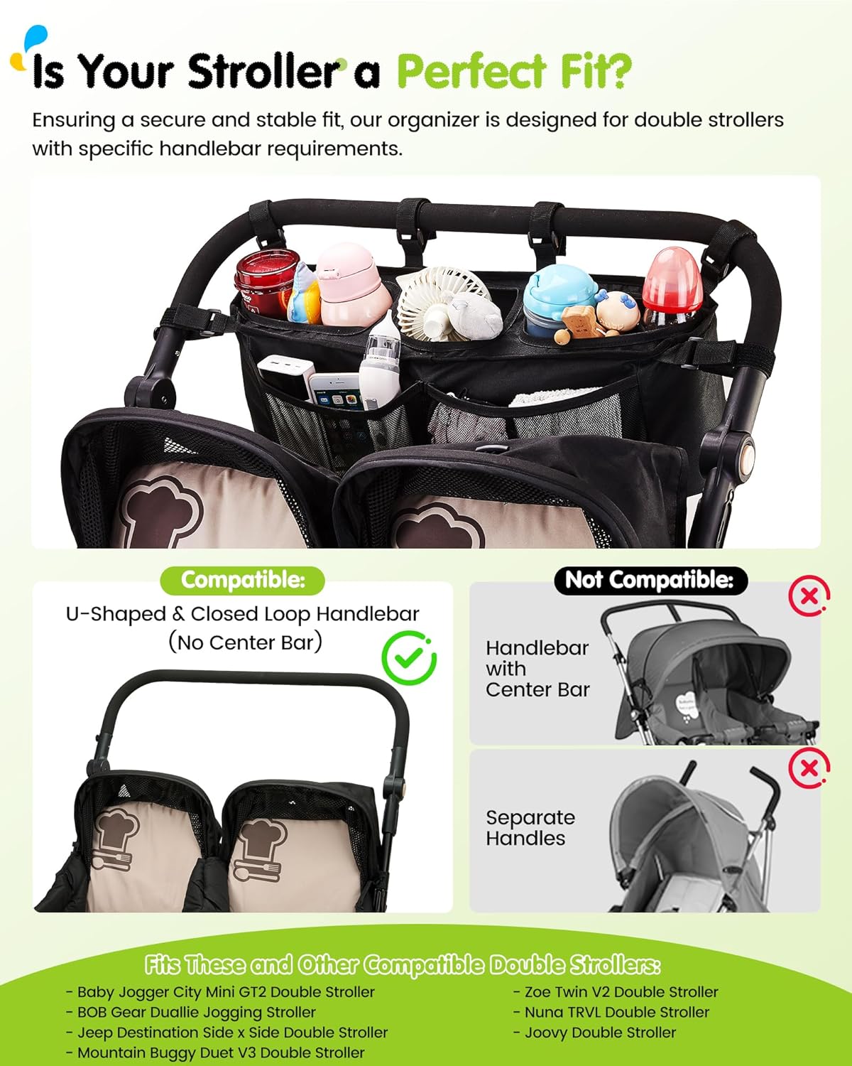 Double Stroller Organizer with 11 Compartment for Bob Duallie, Baby Jogger City Mini GT2, Double Jogging Stroller Caddy, Parent Console with 2 Insulated Pocket, Front & Back Pockets, Travel Essentials
