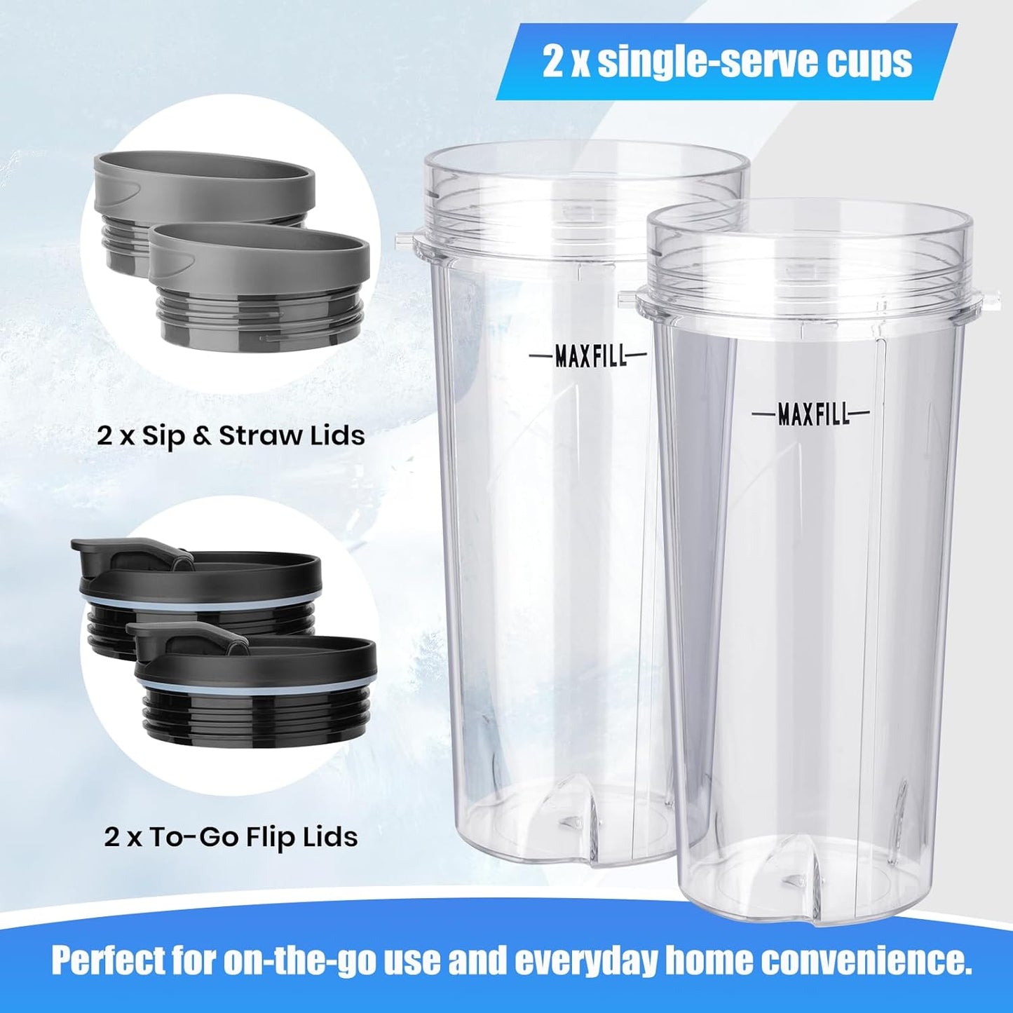 Ninja Fit Blender Cups Replacement 16 oz Cups Kit with Sip & Straw Lids and To Go Lids QB3001SS BL660 BL770 BL740 BL810