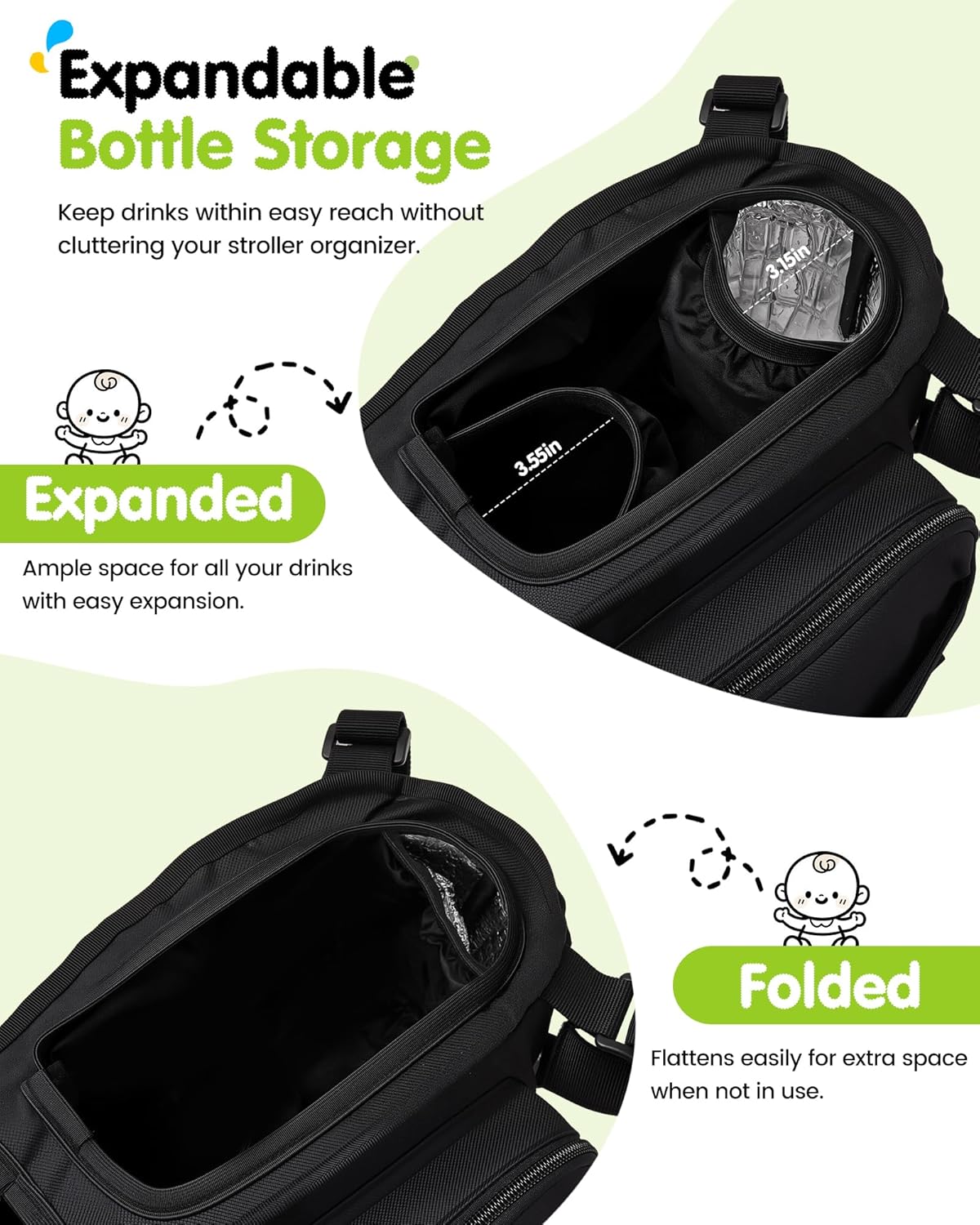 Double Stroller Organizer with 11 Compartment for Bob Duallie, Baby Jogger City Mini GT2, Double Jogging Stroller Caddy, Parent Console with 2 Insulated Pocket, Front & Back Pockets, Travel Essentials