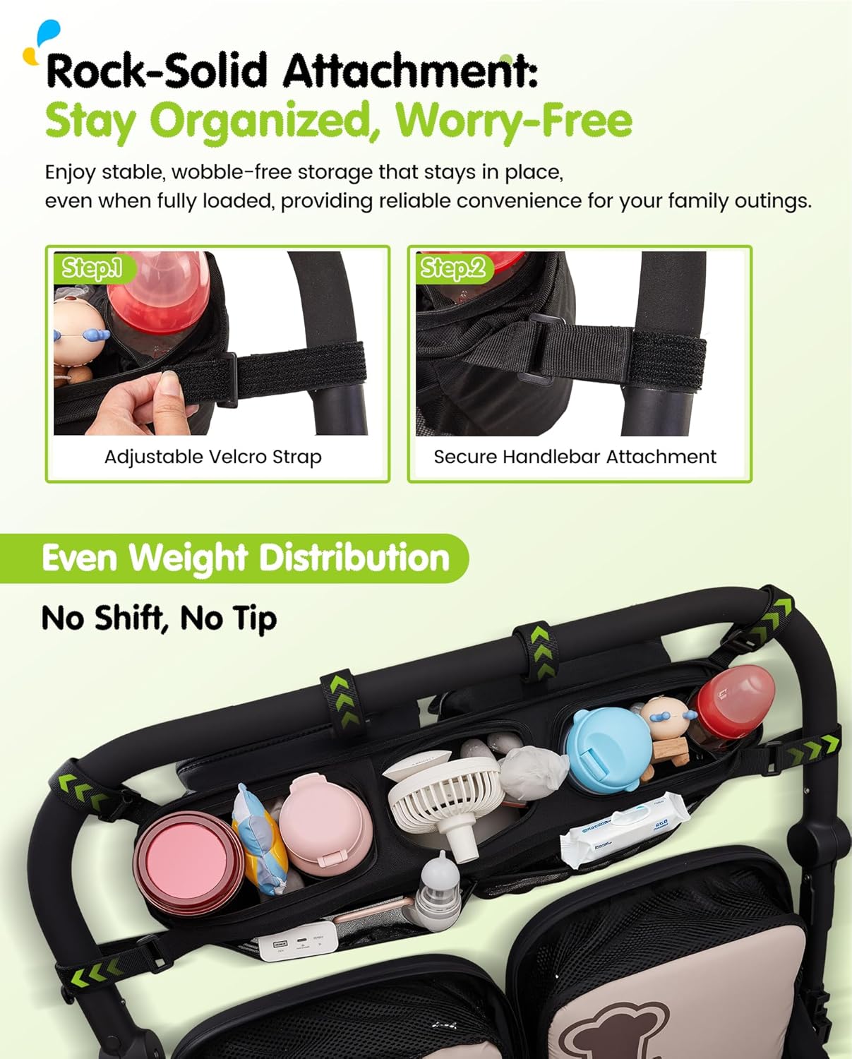 Double Stroller Organizer with 11 Compartment for Bob Duallie, Baby Jogger City Mini GT2, Double Jogging Stroller Caddy, Parent Console with 2 Insulated Pocket, Front & Back Pockets, Travel Essentials