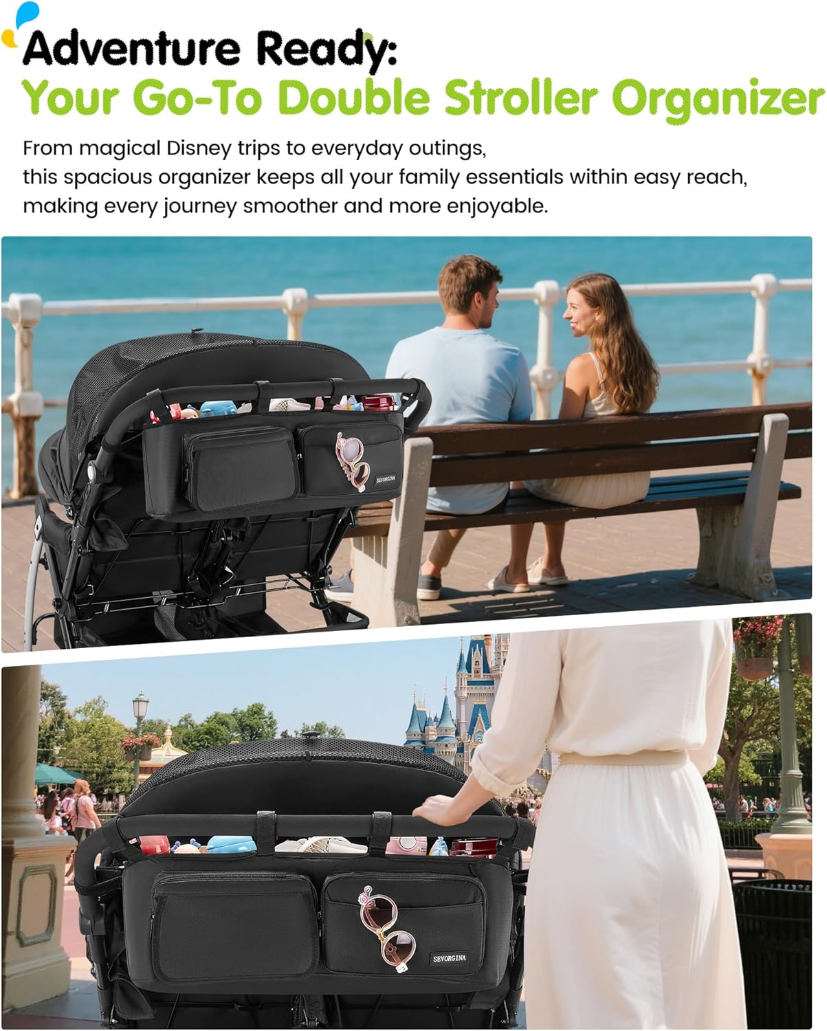 Double Stroller Organizer with 11 Compartment for Bob Duallie, Baby Jogger City Mini GT2, Double Jogging Stroller Caddy, Parent Console with 2 Insulated Pocket, Front & Back Pockets, Travel Essentials