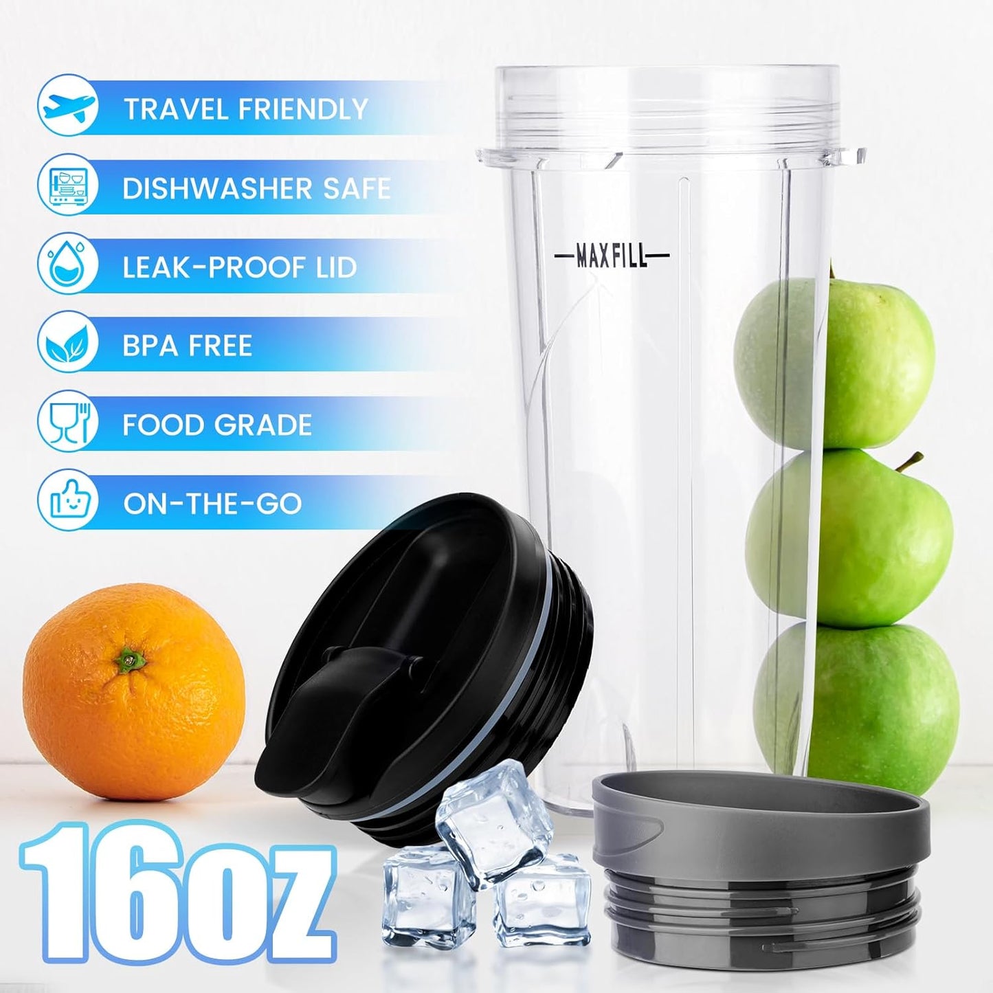 Ninja Fit Blender Cups Replacement 16 oz Cups Kit with Sip & Straw Lids and To Go Lids QB3001SS BL660 BL770 BL740 BL810