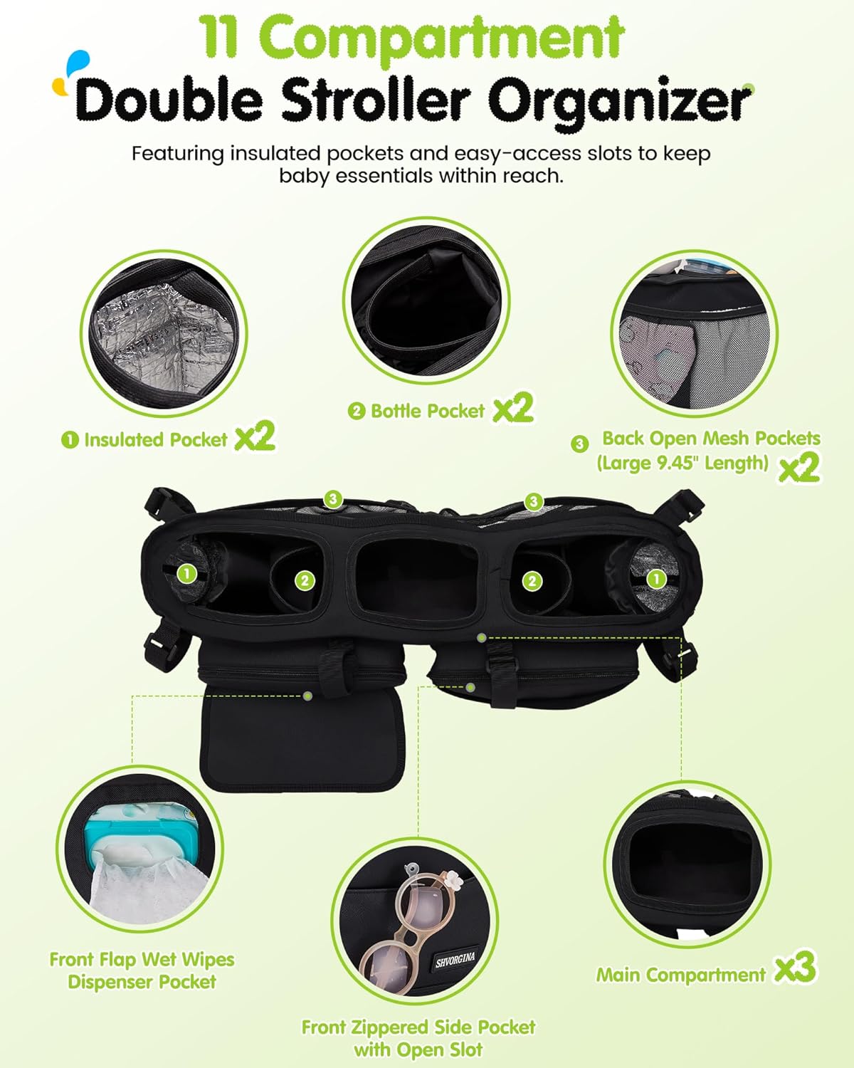 Double Stroller Organizer with 11 Compartment for Bob Duallie, Baby Jogger City Mini GT2, Double Jogging Stroller Caddy, Parent Console with 2 Insulated Pocket, Front & Back Pockets, Travel Essentials
